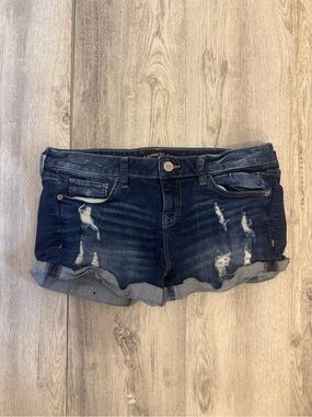 Express Dark Indigo Distressed Rolled-Hem Jean Shorts